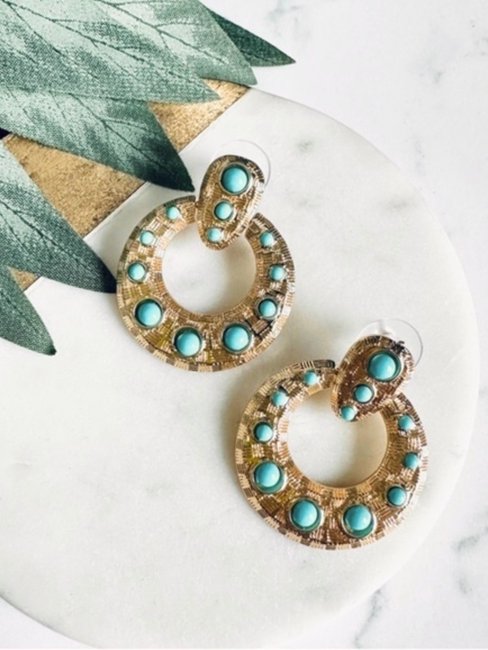 2/$30🌵 Turquoise Stone Hoop Gold Tone Chunky Earrings Southwestern NEW Bohemian